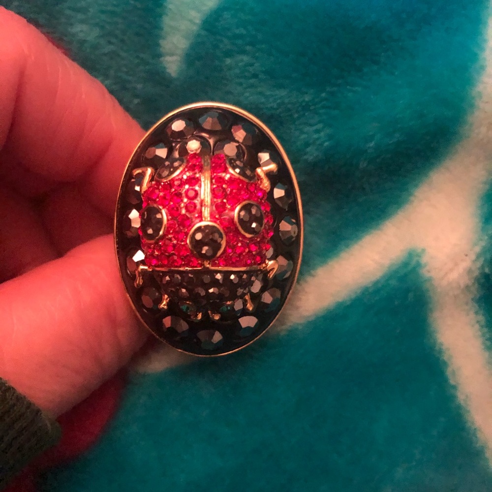 Ladybug rhinestone encrusted cocktail ring glitzy